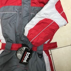 Totes kids ski suit, red and gray, size medium.
